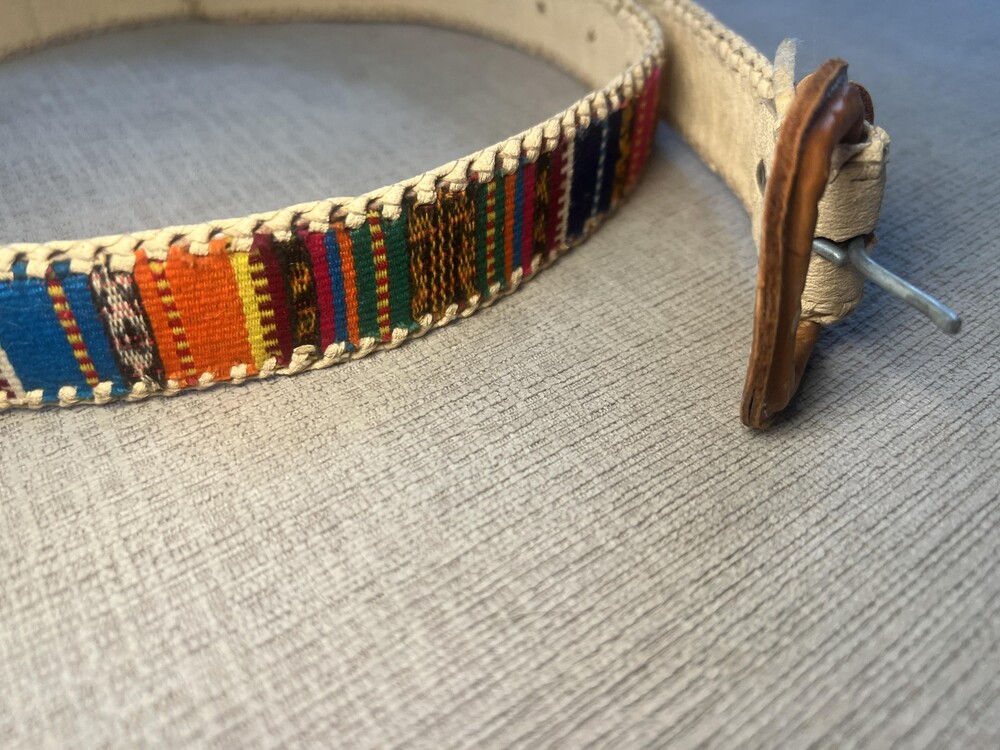 Woven Stripe Belt Womens 32 Multicolor Fabric Trim Faux Leather Boho Western